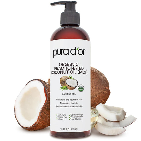 PURA D'OR 16 Oz ORGANIC Fractionated Coconut Oil - 100% Pure & Natural Cold Pressed Carrier Oil for Skin
