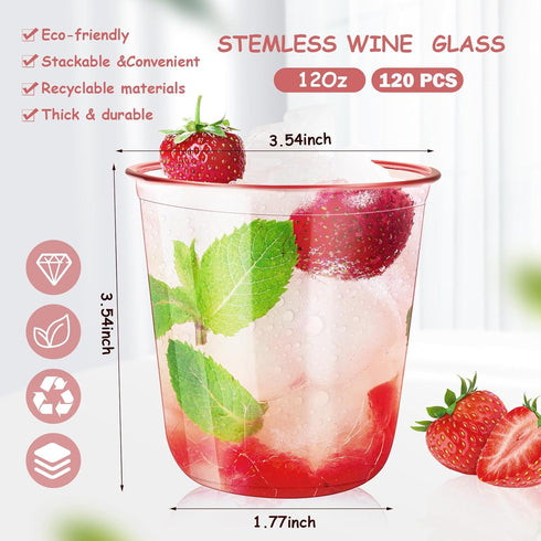 RMERVE 120 Stemless 12oz Pcs Disposable Glasses Plastic Cups Disposable Cold Party Drinking Cups Wine Glasses
