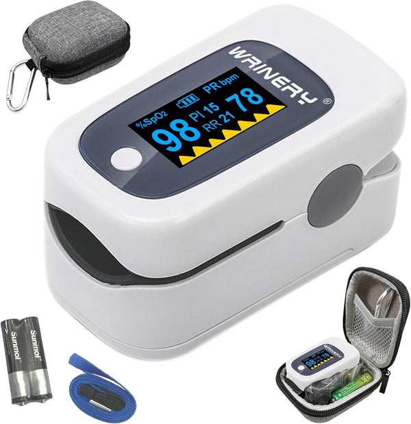 WRINERY Fingertip Pulse Oximeter, Oxygen Saturation Monitor, OLED Portable Oximetry with Batteries and Lanyard