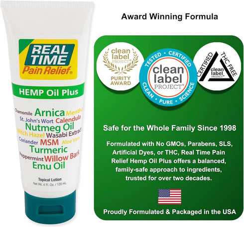 Real Time Pain Relief Hemp Oil Plus, 4oz Tube, Advanced Formula with 19 Natural Ingredients