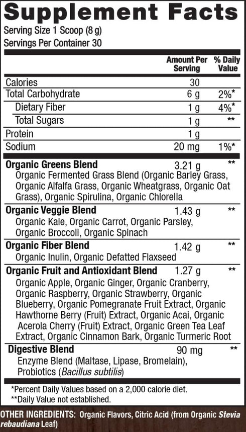 PlantFusion Fruitful Super Greens Powder, Fermented Juice Blend with Digestive Enzymes, Organic, Vegan, 8.46 oz, 30