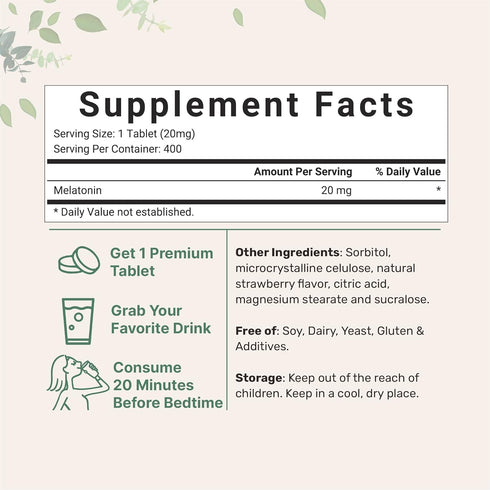 Micro Ingredients Melatonin 20mg Tablets, 400 Counts, Natural Strawberry Flavor, Fast Dissolve | No Drug, Vegetarian Friendly, Non-GMO & No Gluten