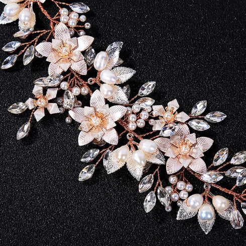 Oriamour Bridal Headpiece Wedding Headband with Flower Design, Genuine Freshwater Pearls & Ribbons (Rose Gold)