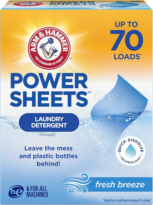 ARM & HAMMER Power Sheets Laundry Detergent, Fresh Breeze Scent, No Mess,