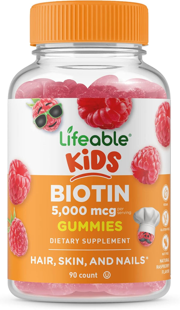 Lifeable Biotin Gummies for Kids, 90 Gummies, 5,000mcg, Natural Flavor, Vegetarian, for Hair and Nails Growth