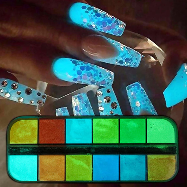 12 Colors Luminous Nail Powder, Night Fluorescent Pigment, Holographic Glitter, 3D Nail Art Decoration Supplies
