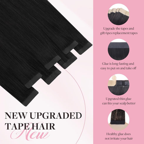Tape in Hair Extensions Human Hair | 1B Natural Black 14 Inch 25g 10pcs Thick Ends Remy Seamless Extensions