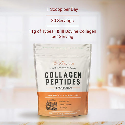 Live Conscious Collagen Peptides Powder - Peach Mango Flavored for Hair, Skin, Nail, & Joint Support, 30 Servings