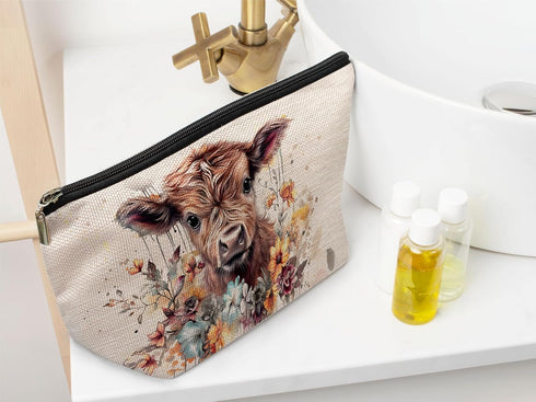 Highland Cow Gifts Makeup Bag, Western Cow Print Cosmetic Bag for Women
