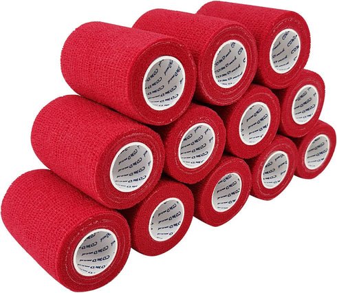 Self Adherent Cohesive Bandage Latex 3"x5 Yards, 12 Rolls First Aid Bandages for Wrist Ankle Sprain, Red