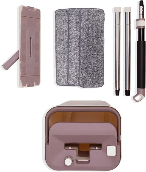 Micro Flat Mop & Bucket System, Hands-Free Wringing, 3 Washable Microfiber Pads for Floor Cleaning