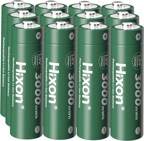 Hixon 1.5V AA Rechargeable Lithium Batteries, 12Pack 3000mWh High Capacity Double AA Battery,Constant