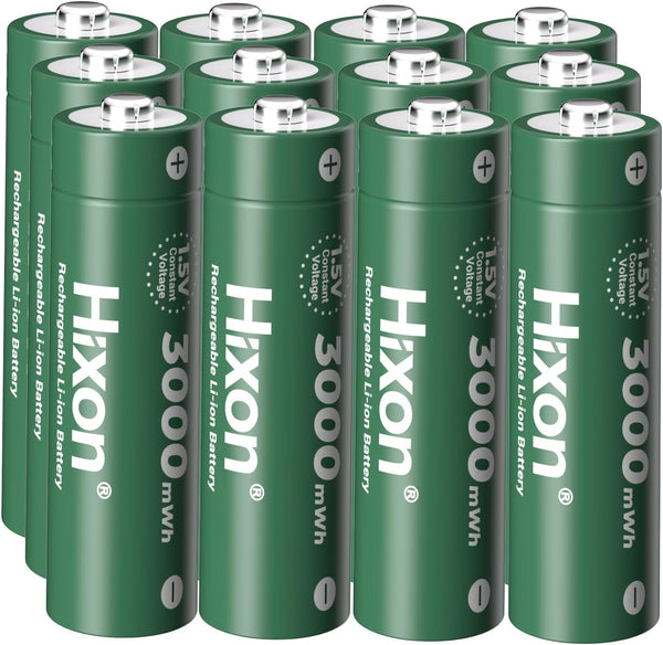 Hixon 1.5V AA Rechargeable Lithium Batteries, 12Pack 3000mWh High Capacity Double AA Battery,Constant