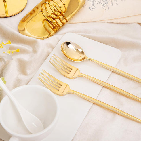 SUT 100 Pcs Gold Plastic Silverware, Disposable Forks and Spoons for Parties and Weddings