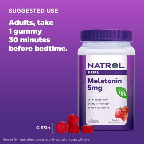 Natrol Melatonin Gummies 5mg - 140 Strawberry-Flavored Gummies for Sleep Support, 70 Day Supply for Adults