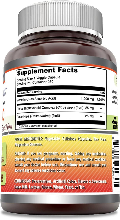 Amazing Formulas Vitamin C 1000 mg - 250 Count - with Rose HIPS & Citrus Bioflavonoids - Veggie Capsules