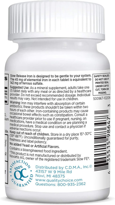 Quality Choice Iron High Potency Slow Release Tablets, 45mg, 60 Tablets Each (Pack of 2)