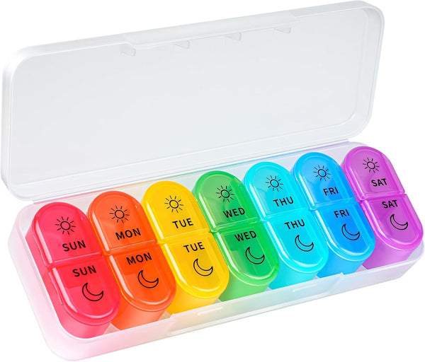 Weekly Pill Organizer 2 Times a Day - AM PM with 7 Daily Color-Coded Cases for Vitamins, Medicine, & Supplements