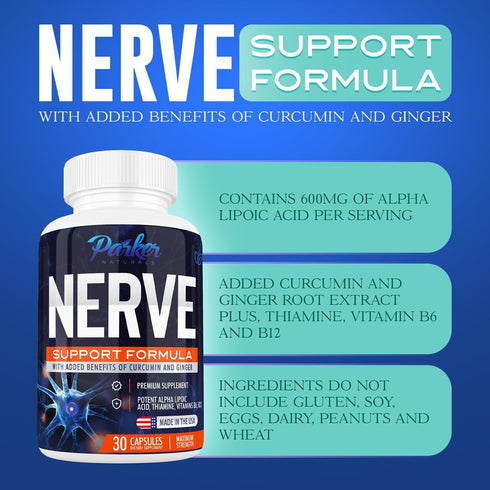 Nerve Support Supplement with Alpha Lipoic Acid 600mg, Thiamine, Curcumin, Ginger Root, and Vitamin B6, B12 | Neuro Health Supplement, 30 Capsules