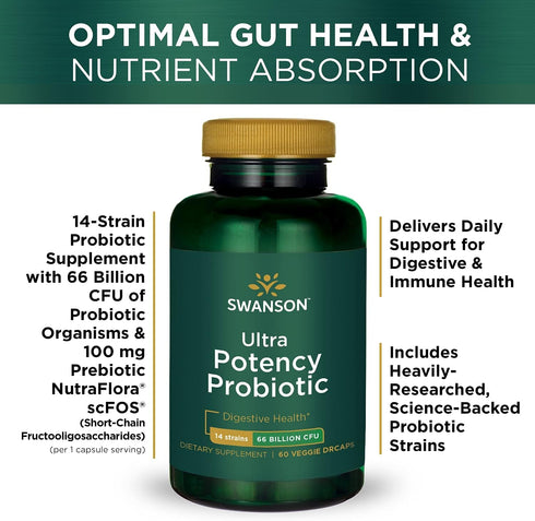 Swanson Ultra Potency Probiotic Digestive Health, 66 Billion CFU Prebiotic NutraFlora scFOS 60 Capsules