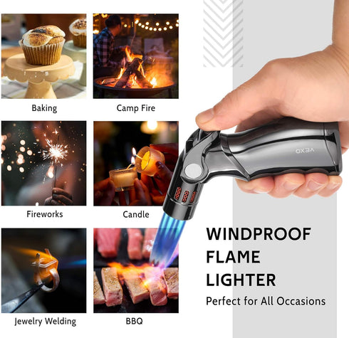 VEXO-Mini4 Torch Lighter - Quad 4 Jet Flame Windproof Butane Refill Portable Lighter for Grill BBQ Camping (Black)
