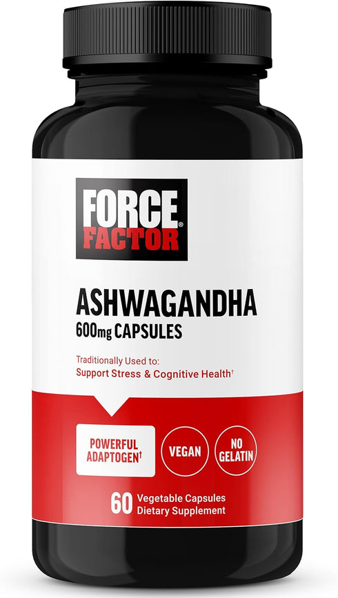 FORCE FACTOR Ashwagandha Supplements with Premium Vegan Powder, Adaptogens for Stress and Cognitive Health, 60 Capsules