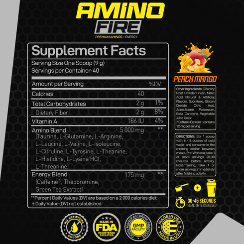 Forzagen Amino Fire, Essential Amino Energy Powder for Pre-Workout, Peach Mango, 40 Servings