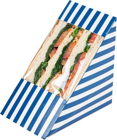 Restaurantware Cafe Vision Sandwich Paper Boxes - 25 Large Disposable Wedge Boxes with Window, Blue and White