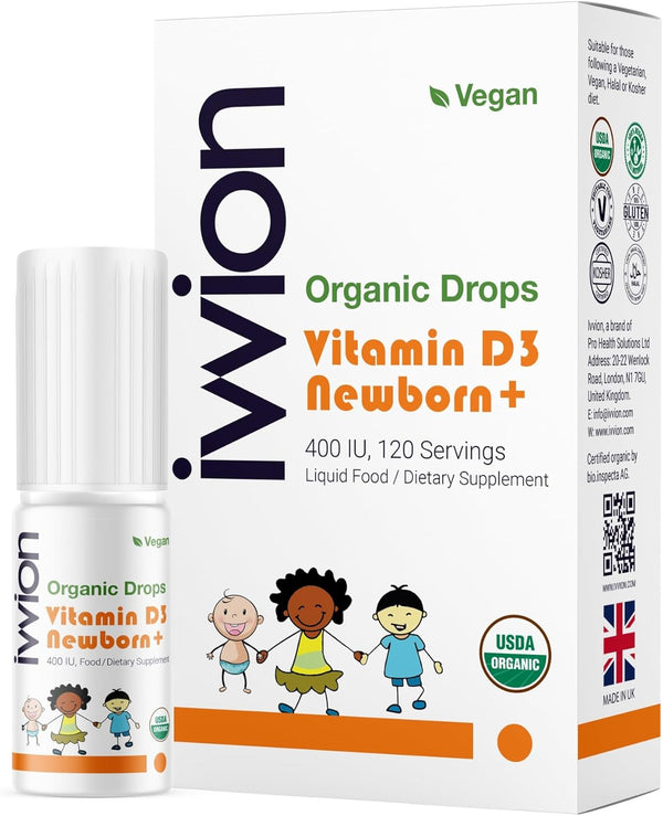 ivvion Organic Vegan 400IU, Vitamin D3, 120 Drops Baby Drop for Infants &