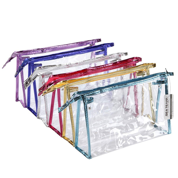 Sea Team 6-Pack Transparent Waterproof Cosmetic Bags: Clear Vinyl Makeup Bags, Portable Travel Toiletry Pouch