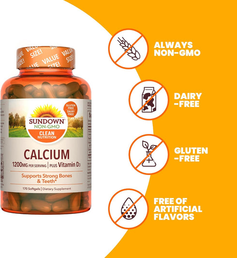 Sundown Calcium 1200 mg Plus Vitamin D3, Supports Bone, Teeth & Immune Health, 170 Softgels