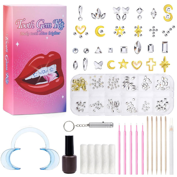 Tooth Gems Kit - Fashionable DIY Teeth Jewelry with Shiny Crystals, Gold and Silver Decoration Starter Kit
