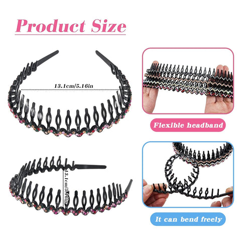 Yeshan Rhinestone and Crystal Headbands for Women with Teeth Comb, Non-slip Hard Plastic Wave Shape, Pack of 4