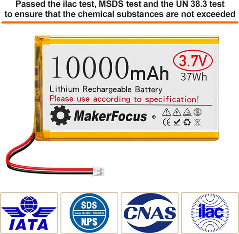 MakerFocus 3.7V LiPo Battery 10000mAh Lithium Rechargeable with Integrated Protective Board for Raspberry Pi