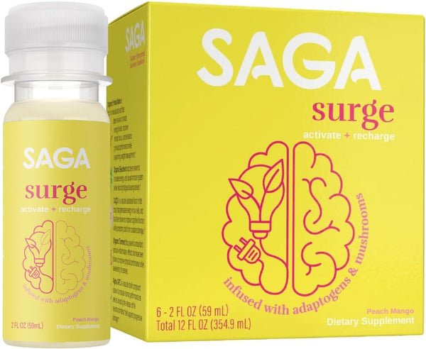 SAGA Organic Energy Shots, Nootropics & Mushrooms - CoQ10 & Ashwagandha, 2oz Peach Mango Shots (6-Pack)