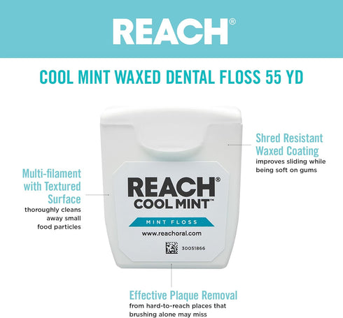 REACH Listerine Cool Mint Dental Floss, 6-Pack, Waxed, Easy on Gums, Fresh Mint