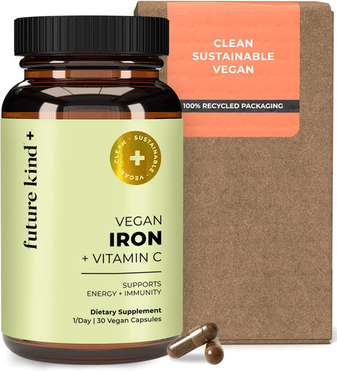 Future Kind Vegan Iron Supplement with Vitamin C, 30 Iron Capsules in Glass Bottle - Iron Supplements for Men and
