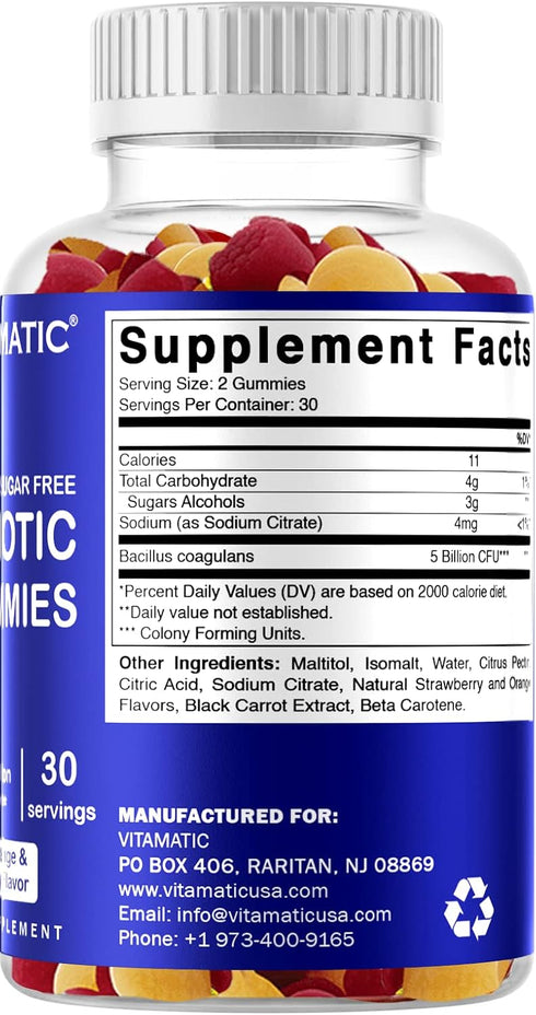 Vitamatic Probiotic Sugar Free Gummies, 5 Billion CFUs for Digestive, Immune & Gut Health, Gluten Free for Men and