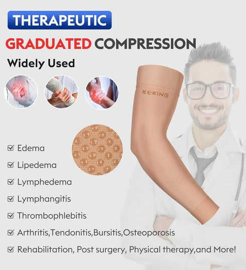 KEKING Lymphedema Compression Arm Sleeves with Silicone Band for Men Women, 20-30 mmHg