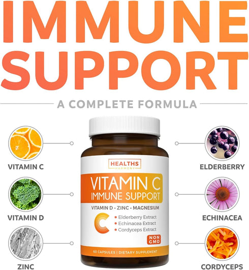 Immune Support Supplement (Non-GMO) Elderberry Vitamin C and Zinc, Vitamin D, Magnesium, Echinacea, Cordyceps - VIT C 500mg Immune System Booster - 60 Vegetarian Capsules (No Pills, Tablets, Gummies)