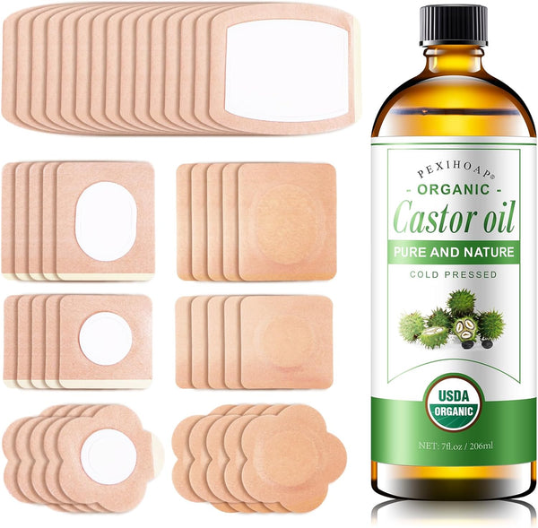 Pexihoap 30Pcs Adhesive Castor Oil Patch with 7oz Organic Castor Oil Cold Pressed,