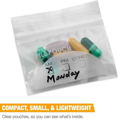 Pill Pouch Bags, Pack of 100, 3" x 2.75" Disposable Plastic Travel Pill Bags with Write-on Labels