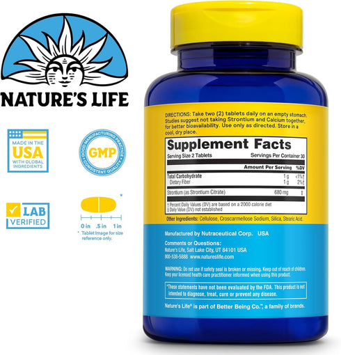 NATURE'S LIFE Strontium Citrate 680mg, Chelated Supplement, 30 Servings, 60 Vegetarian Tablets