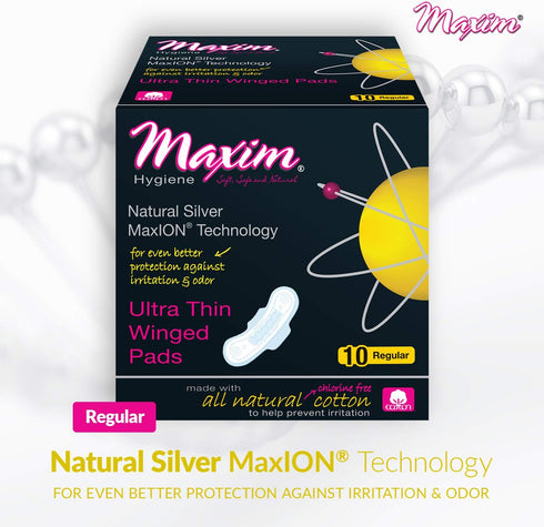 Maxim 20ct, 2 Packs MaxION Ultra Thin Winged Pads, with Organic Cotton Cover Sheet and Leak Control Channels