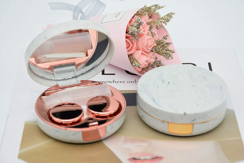 2 Pack Marble Contact Lens Case, All-in-One Travel Contact Container Soak Storage Kit (Rose Gold + Gold)