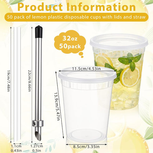 LemonRoad 50 Set 32oz Summer Lemonade Stand Cups with Lids Straws Puncher Clear Plastic Drink Buckets with Flat Lids