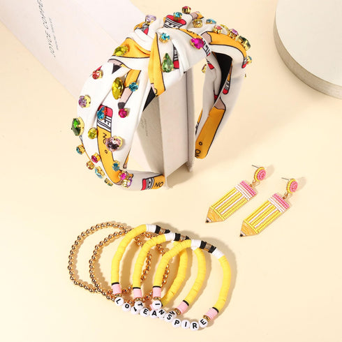 Teacher Accessories for Women, Headbands, Pencil Headbands, Hair Claw Clips, Earrings, Heishi Bracelets for Back to