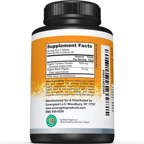 Sunergetic USDA Certified Organic Turmeric Supplement – Includes Organic Turmeric & Organic Black Pepper – 1,400mg of Turmeric per Serving - 180 Count (Pack of 1)