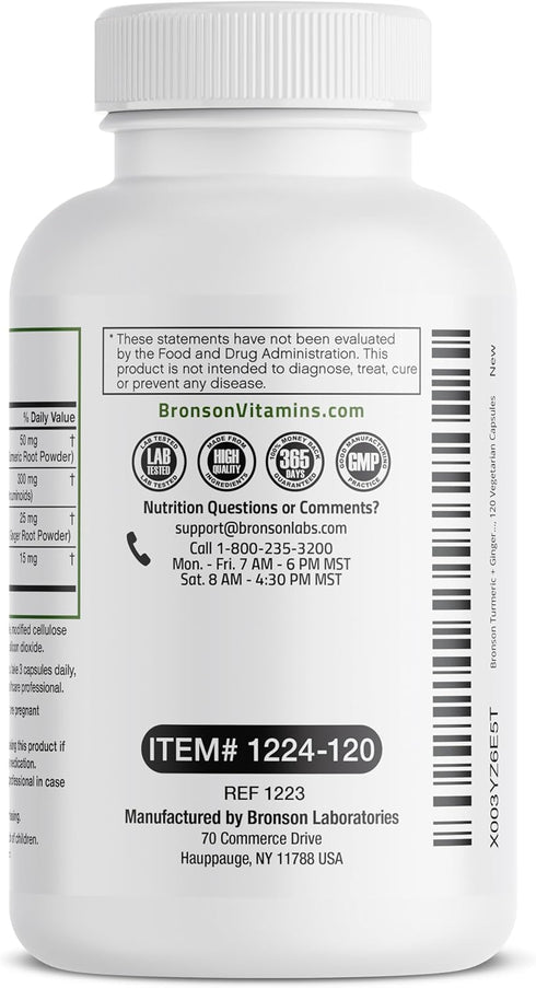 Bronson Turmeric + Ginger Extra Strength Joint Health & Digestion Support with BioPerine, Non-GMO, 120 Capsules
