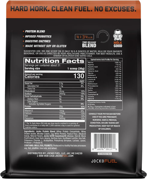 Jocko Moelk Whey Protein Powder - 22g Sugar Free Monk Fruit Blend, Muscle Recovery & Growth, 31 Servings, Chocolate